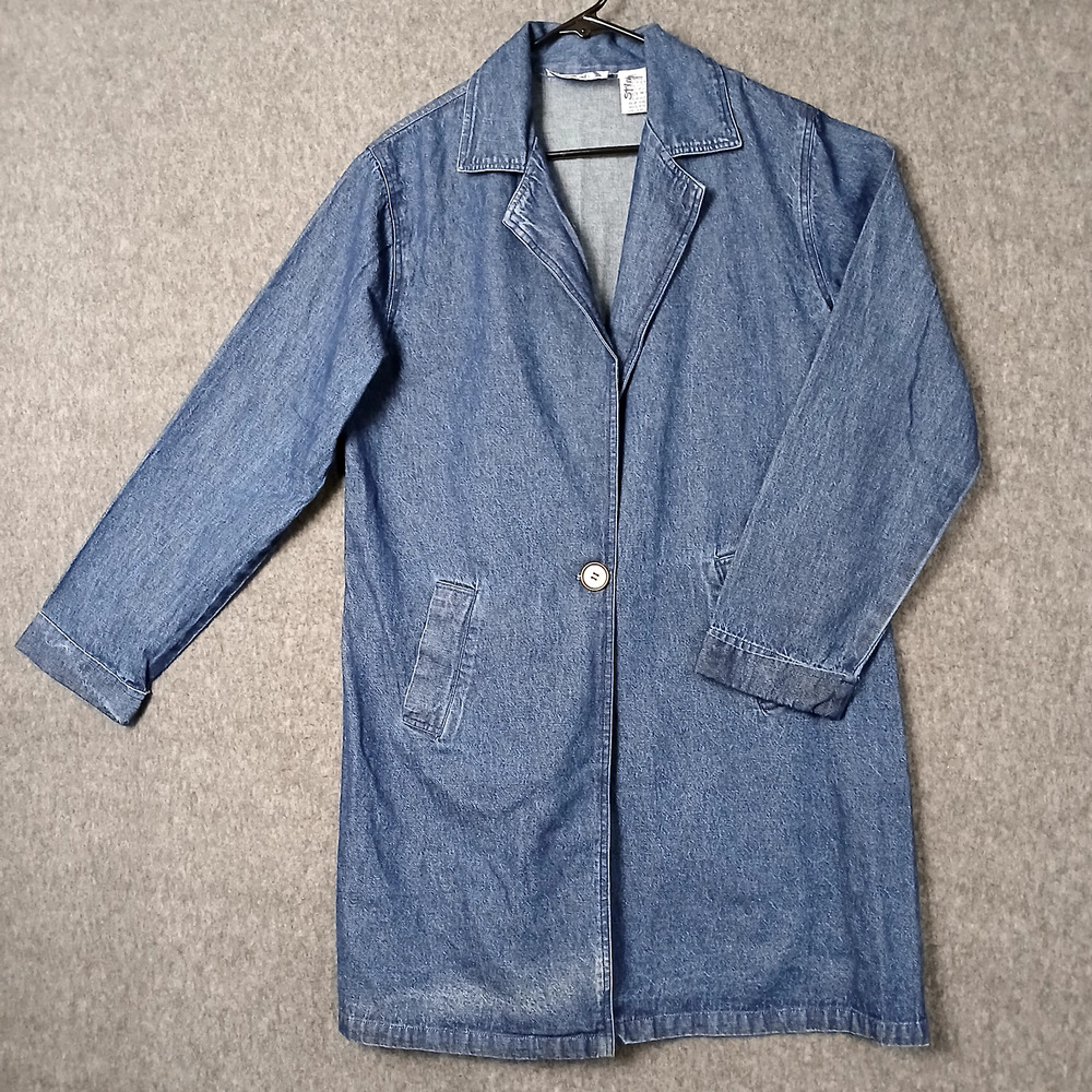 BFA Denim Blazer Womens M Petite Jean Jacket Loose Fit Single Breasted Coat